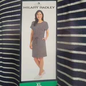 Hillary Radley Blue White Stripped Dress‎ XL Front Pockets Adjustable Waist